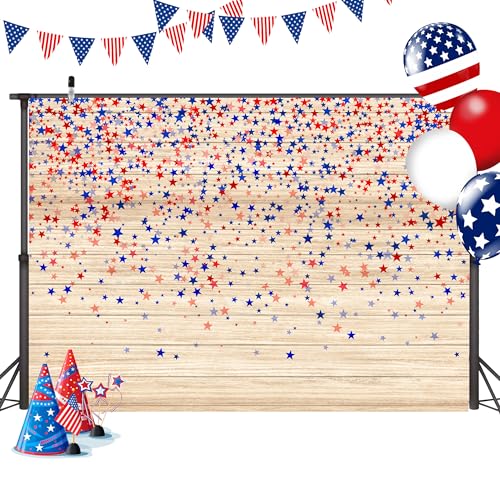 Independence Day Backdrop 10x5 FT 4th of July Backdrops Red and Blue Stars on Rustic Wood Boards Photography Patriotic Veterans Memorial Background Party Decor Banner Booth Props - color: Red 1, size: 10x5 FT