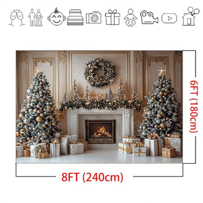 Mocsicka Christmas Fireplace Backdrop Gold Christmas Tree Fireplace Background Photography Decorations Christmas Eve Background Photo Props (8x6ft) - size: 8x6ft