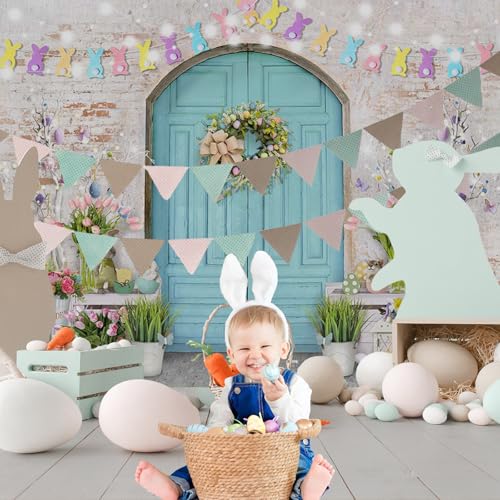 Mocsicka Easter Backdrop Blue Wooden Door with Brick Wall Bunny Rabbit Spring Photography Background Easter Day Party Decorations Photo Studio Props - size: 7x5ft (82x60 inch)