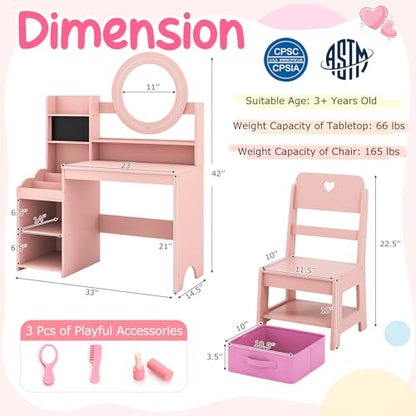 Costzon Kids Vanity, Girls Vanity Set with Mirror and Lights, Jewelry Storage, Shelves, Princess Toddler Makeup Vanity Desk Dressing Table, Wooden Kids Vanity Table and Chair Set (Pink) - style: Pink with Jewelry Storage