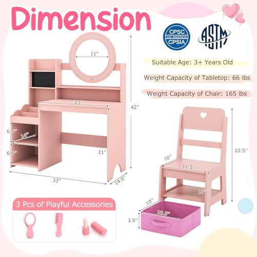Costzon Kids Vanity, Girls Vanity Set with Mirror and Lights, Jewelry Storage, Shelves, Princess Toddler Makeup Vanity Desk Dressing Table, Wooden Kids Vanity Table and Chair Set (Pink) - style: Pink with Jewelry Storage