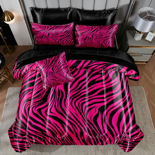 Zebra Print Bedding Set Hot Pink Satin Comforter with Sheets Zebra Stripe Animal Print Africa Wildlife Theme Silk Like Silky Bed in A Bag Black Pink Comforter Sets - color: Hot Pink, size: Queen