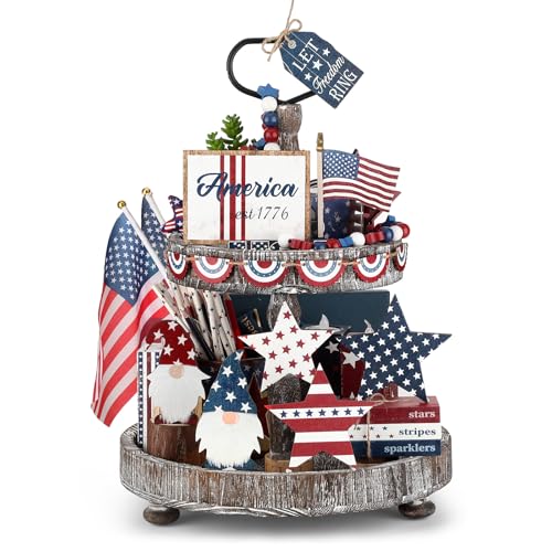 FoldTier 18 Pcs 4th of July Tiered Tray Decor Set Rustic Patriotic Independence Day Decoration Glow Vintage Farmhouse 4th of July Tiered Tray Sign Wooden Red White Blue Decor for Table(Gnome) - style: Gnome