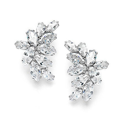 Mariell Clip-On Cubic Zirconia Crystal Bridal Earrings, Marquise Shape CZ Curved Clusters, Women Earrings for Wedding, Bridesmaids, Homecoming, Mother of the Bride - color: Silver