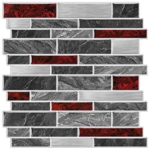 VICCI 12-Sheet Peel and Stick Tile Backsplash, Vinyl Waterproof Tiles Decals 12 x 12 inch Self Adhesive Wall Sticker for Kitchen, Bathroom & Laundry Room (Grey & Red Marble Style) - color: Spt-202, size: 12 x 12 inch (Marble style)