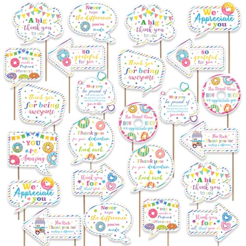 24 Pcs Teacher Staff Volunteer We Appreciate You Decorations Donut Photo Booth Props Appreciation Decor Thank You Sign Photo Props for Teacher Nurse Employee Coworker Appreciation - color: Donut