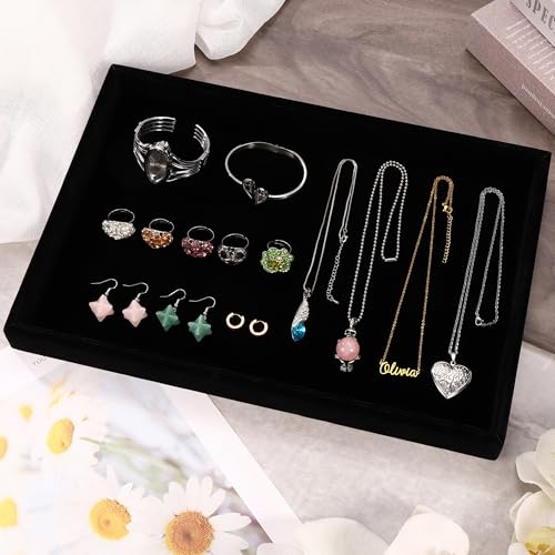13.8" x 9.5" Velvet Jewelry Tray Jewelry Display Tray, Stackable Empty Plate Trays for Earrings Necklaces Bracelet Rings Display Showcase - Black - color: Black, size: Flat Tray 13.8"x9.5"