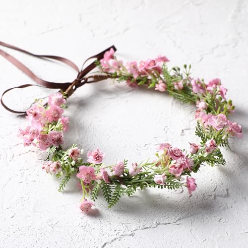 Pink Bohemian Flower Crown - Pink Babys Breath Flower Headband with Green Leaf Bohemian Floral Headpiece Hair Wreath for Women Wedding Halloween Christmas - color: Light Pink