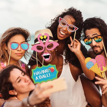33 Pcs Hello Summer Photo Props Kit, Hawaii Luau Tropical Tiki Beach Summer Pool Men Women Girl Boy Kids Teens Cutouts Birthday Party Celebration Decorations Photography Props