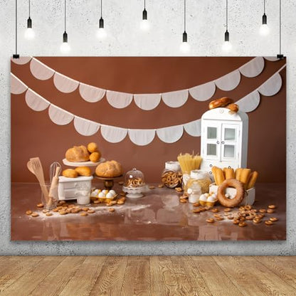 YongFoto Bakery Baking Table Backdrop 12x10ft Bread Donut Biscuit White Cabinet Photography Background Boy Girl Cake Smash Birthday Baby Shower Party Banner Portrait Photoshoot Wallpaper Studio Props - size: 12x10ft