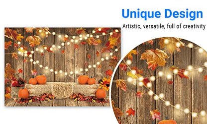 Funnytree 7x5FT Fall Pumpkin Photography Backdrop Autumn Thanksgiving Harvest Hay Leaves Wooden Background Sunflower Maple Baby Shower Banner Decoration Party Supplies Photo Booth Prop - size: 7'x5'