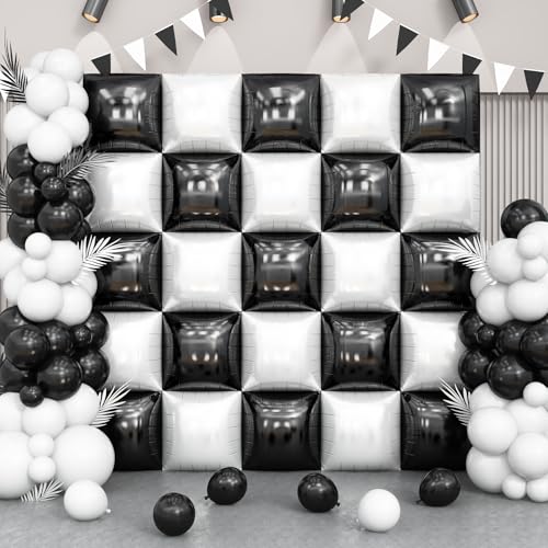 HILAVO Black and White Square Foil Balloon Wall, 25 PCS Double Sided Checkered Balloons Flat Square Balloon Backdrop for Checkerboard Racing Themed Birthday Party Background Decoration - color: Black White