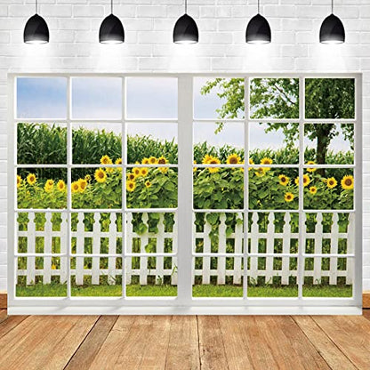 Renaiss 5x3ft Spring Sunflower Window Scenery Backdrop White Fence Yellow Sunflowers Countryside Garden Nature Landscape Photography Background for Girl Woman Wedding Birthday Party Studio Props - color: WSNWH17965, size: 5x3ft
