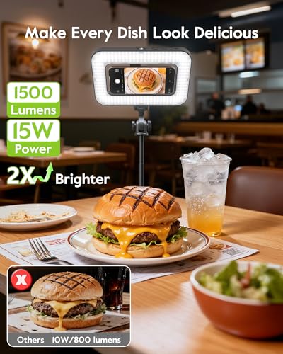 Tripod for iPhone with Light, Portable 15W Ring Light with Stand and Phone Holder for Video Recording, 6000mAh Magnetic Phone Tripod with Light 2500K-9000K for Food Hunt,Mukbang Video,Vlogging,CRI＞95