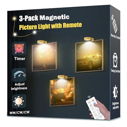 3-Pack Picture Light Battery Operated, Magnetic Led Lights with Remote, Dimmable and Timer Painting Light, Art Display Light for Picture Frame Artworking Portrait, Home Wall Decor Puck Lights, Gold