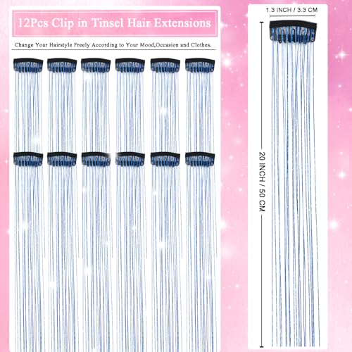 Hair Tinsel Clip in 12 Pcs Glitter Tinsel Hair Extensions 20 Inch Fairy Hair Clip in Hair Tinsel Heat Resistant Sparkly Hair Accessories for Girls Women Kids (Blue) - color: Blue