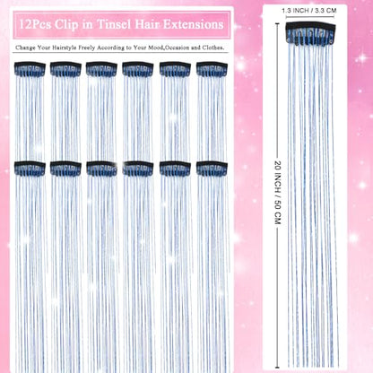 Hair Tinsel Clip in 12 Pcs Glitter Tinsel Hair Extensions 20 Inch Fairy Hair Clip in Hair Tinsel Heat Resistant Sparkly Hair Accessories for Girls Women Kids (Blue) - color: Blue