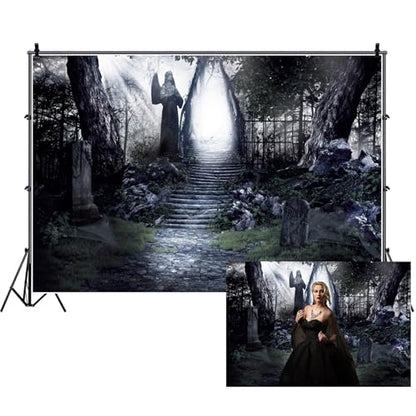 Renaiss Dark Forest Backdrop Fabric Dilapidated Stone Path in Dark Woods Leading to Bright Exit Photography Background Scary Halloween Photoshoot Backdrop 7x5ft - color: Dark Grey, size: 7Wx5H FT