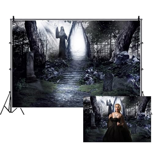 Renaiss Fabric Dark Forest Backdrop Dilapidated Stone Path in Dark Woods Leading to Bright Exit Photography Background Scary Halloween Scene Photoshoot Backdrop 5x4ft - color: Dark Grey, size: 5Wx3H FT