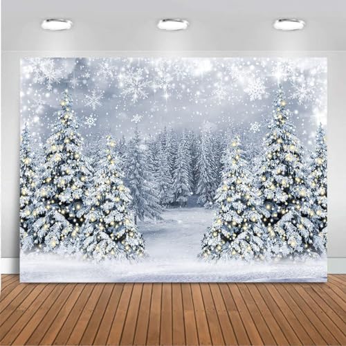 Mocsicka 10x7ft Winter Forest Wonderland Photography Backdrop Christmas Snowflake Pine Tree Background Winter Snow Scene Halo Spots Holiday Decorations for Christmas Party - color: white, size: 10x7ft