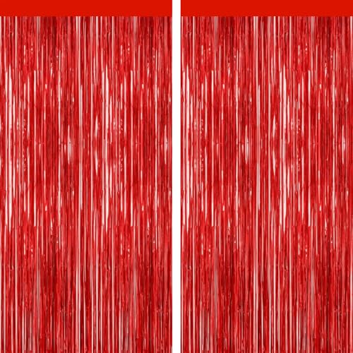 GCB 2 Pack Red Tinsel Backdrop, Fringe Curtains, Red Foil Tinsel Party Streamer Backdrop Curtains for Valentines Day, Wedding Photo Backdrop Party Decorations for Wedding Anniversaries Bridal Shower - color: Red