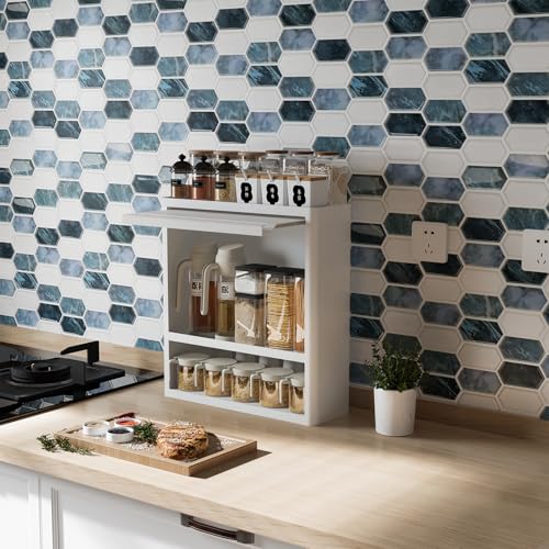 10-Sheet Backsplash Peel and Stick Tile Faux Marble 12"x12" White Blue Long Hexagon Self-Adhesive Glossy Heat Resistant Waterproof 3D Wall Panel Stick on Backsplash Kitchen Bathroom RV Fireplace - size: 12''x12''