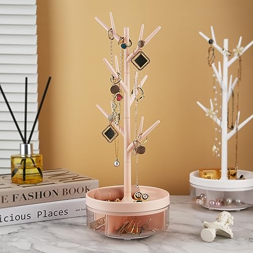 Branch Jewelry Rack With Rotatable Base and Storage Box Tree Tower Rack Hanging Organizer for Ring Earrings Necklace Bracelet,Suitable for living rooms, bathrooms,offices,etc. - color: B Pink