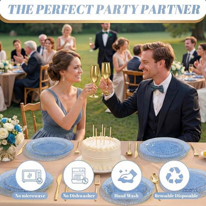 I00000 150Pcs Clear Blue Plastic Plates with Gold Rim,Blue Disposable Plates,Clear Hammer Patterned Disposable plates Set include 30 Dinner Plate,30 Dessert Plate,90 plastic Silverware Set for Party - color: Clear Blue