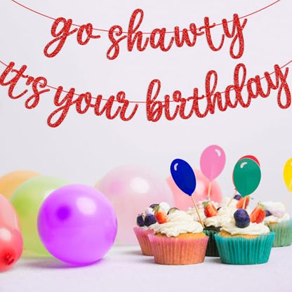Go Shawty It's Your Birthday Banner, Hip Hop Birthday Party Decorations Supplies, Rap Theme Bday Bunting Sign, Pre-strung, Photo Props (Red) - color: Red