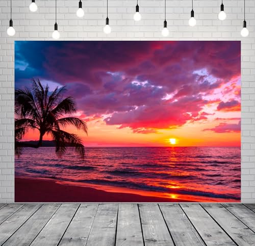 BELECO 7x5ft Fabric Sunset Beach Backdrop Tropical Seaside Coconut Palm Trees Background Backdrop Summer Beach Sunset Hawaii Luau Party Decorations Birthday Photoshoot Studio Photo Props - size: 7x5FT