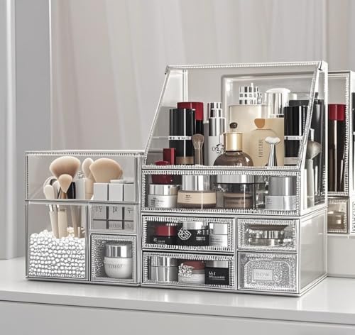 Glass Makeup Organizer for Vanity/Stackable 2Pieces Drawer Set/Antique Countertop Vanity Cosmetic Storage Box Mirror Glass Beauty Display, Holder for Brushes Lipsticks Skincare Toner (Silver) - color: Silver