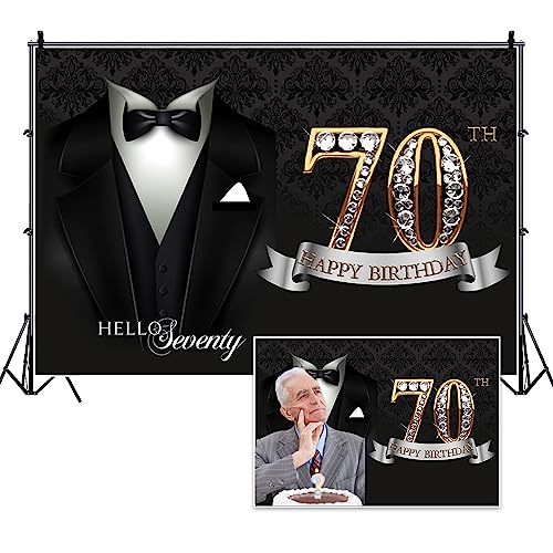 5x3ft Men 70th Birthday Backdrop Black Necktie Suit Tuxedo Diamonds Gold 70th Happy Birthday Photography Background Father Grandpa Hello Seventy Birthday Party Decor Cake Table Banner - color: black gold 70, size: 5x3ft
