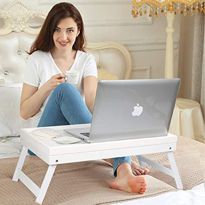 Bamboo Lap Desks Bed Table White Breakfast Tray with Folding Legs Kitchen Serving Tray for Notebook Computer Bed Platters Desk Snack Tray(White) - color: White, size: Large