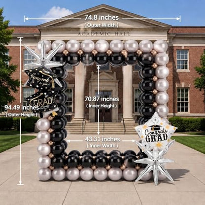 Seenelling 244 Pcs Black and Silver Graduation Balloon Arch Kit with Balloon Arch Stand Graduation 2026 Party Photo Booth Prom Backdrop for Celebrations High School Birthday Party Decoration