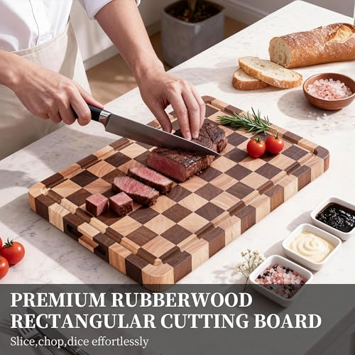 WILLKOMMEN Checkered Cutting Board for Kitchen– Wood Checkerboard End Grain Chopping Board 1" Thick Butcher Block with Juice Groove & Handle, Reversible for Cooking and Serving (Rectangular) - style: Rectangle Checkerboard-1 pack