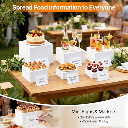 Nestable Buffet Risers - 6 Pcs White Acrylic Food Risers with Signs & Markers – Sturdy Dessert Table Display Stands for Parties, Catering, Jewelry & Collectibles (Easy-Store Stackable Cubes: 8", 7", 6", 5", 4", 3") - size: 8",7",6",5",4",3"