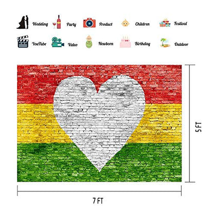 EOA 7(W)x5(H)FT Heart Shape Bright Red Yellow Green Brick Wall Backdrop Love Reggae Jamaica Photography Background Baby Shower Children Kids Birthday Party Events Cake Table Decoration Photoshot Props