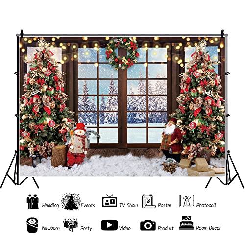 Christmas Backdrop Xmas Tree Santa Claus Window View Photo Background for Christmas and Happy New Year Eve Celebration Party Banner Photography Studio Props (12x8ft, Polyester) - size: 12x8ft-Polyester