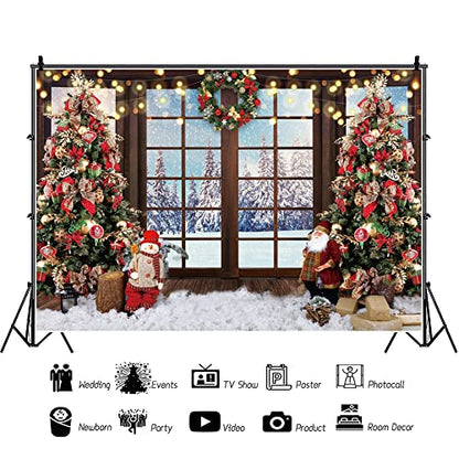 Christmas Backdrop Xmas Tree Santa Claus Window View Photo Background for Christmas and Happy New Year Eve Celebration Party Banner Photography Studio Props (8x6ft, Polyester) - size: 8x6ft-Polyester