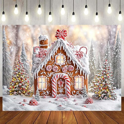 20x10ft Christmas Gingerbread House Backdrop Winter Snowflake Photo Backdrop Xmas Tree Gingerbread House Christmas New Year Holiday Photograph Decorations Candyland Themed Banner Photo Booth Props - size: 20X10FT