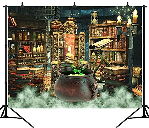 Halloween Photography Backdrop Witch Magic Cauldron Bookshelf in Spooky Room Party Decoration Portrait Background Vinyl Photo Studio Booth Props PGT646A 7x5ft - size: 7'X5'