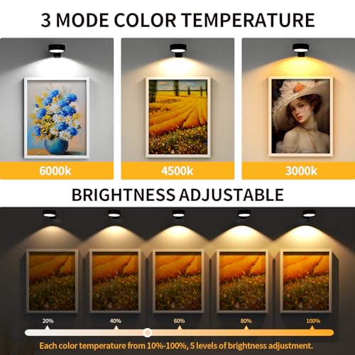 Narotood 6 Pack Picture Lights for Wall, Rechargeable Battery Operated Wall Lights, Picture Frame Lights with 3 Lighting Modes, Wireless Magnetic Painting Light with Remote Control Timer, (Black) - color: Black, size: 6 Pack