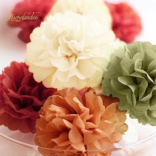 NICROLANDEE Fall Party Decorations, 12 PCS Pumpkin Orange Burgundy Sage Green Ivory Tissue Pom Poms Thanksgiving Decor for Home, Wedding, Birthday, Autumn Harvest Party Supplies - style: Fall