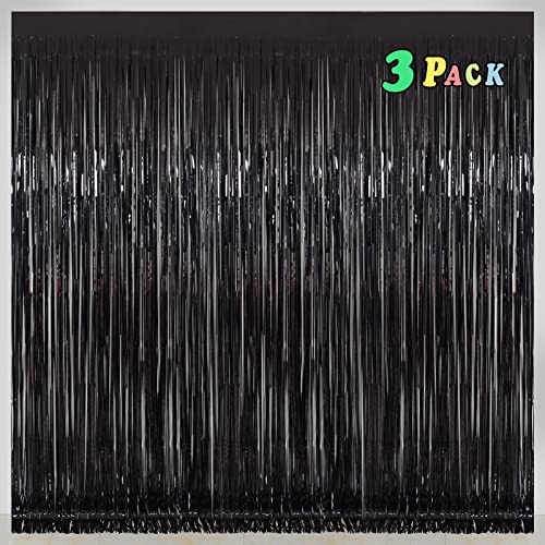 Graduation Decorations 2026 Black Foil Fringe Curtain Party Decorations – 3 Pack 3.2 x 8.2 ft Shiny Black Tinsel Curtain Backdrop for Birthday, Graduation & Photo Booth, Easy to Install - color: Pure Black