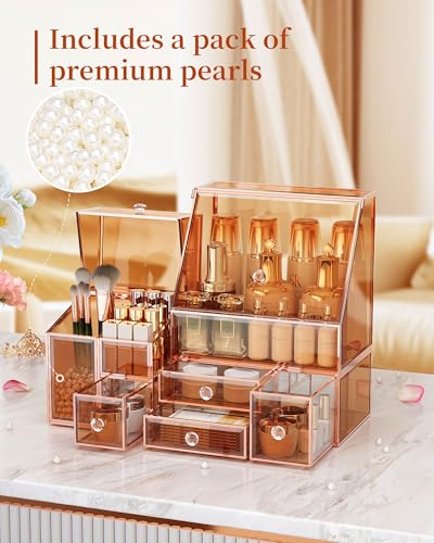 Youdepot Glass Makeup Storage for Vanity and Bathroom Countertop – Large Cosmetic Display Case and Skincare Storage Solution - color: Amber