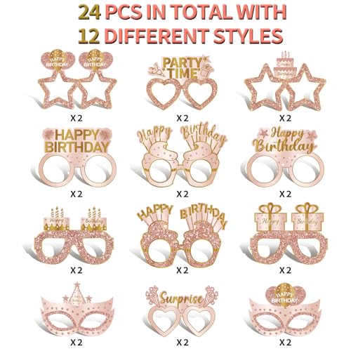 Guiruiy 24PCS Happy Birthday Eyeglasses Decorations for Girls Women, Pink Rose Gold Birthday Paper Eyeglasses Party Supplies, 16th 21st 30th 40th 50th 60th 70th 80th 90th Year Old Bday Glasses Decor - style: Pink Rose Gold