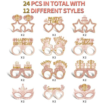 Guiruiy 24PCS Happy Birthday Eyeglasses Decorations for Girls Women, Pink Rose Gold Birthday Paper Eyeglasses Party Supplies, 16th 21st 30th 40th 50th 60th 70th 80th 90th Year Old Bday Glasses Decor - style: Pink Rose Gold