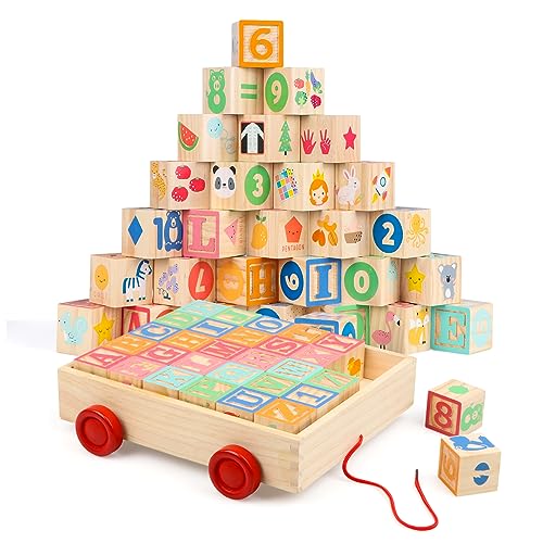 Wooden Building Blocks for Toddlers 1-3, Large Wood Baby Stacking Blocks Set for Kids, 30 PCS Alphabet Blocks with Toy Wagon, Educational Wooden Toys for Boys Girls Gifts 1.65" - style: 30 abc blocks cart