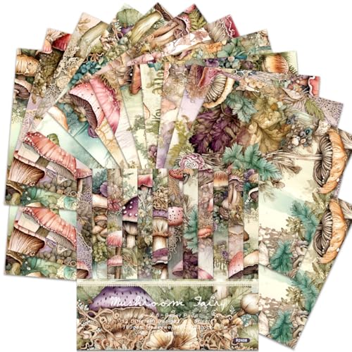 BLEDS 24 Sheets Craft Scrapbook Papers 6x6 Mushrooms Design Scrapbooking Supplies Single-Side Print 160 gsm Nature Card Making for Junk Journal Decorative Album Art Craft Die Cutting Tags - color: 6x6 Mushroom
