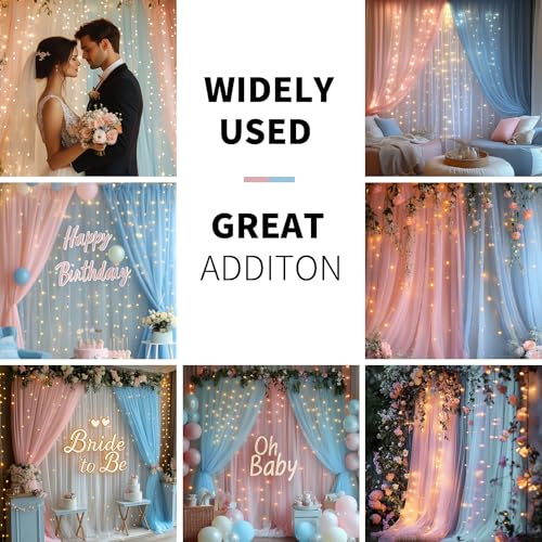 Pink and Blue Tulle Backdrop Curtain with Lights - 10x8ft Sheer Backdrop with 250 LEDs for Wedding, Baby Shower, Bridal Shower, Birthday Party Photo Shoot Background and Home Decorations - color: Pink and Blue, size: 10 x 8 Feet